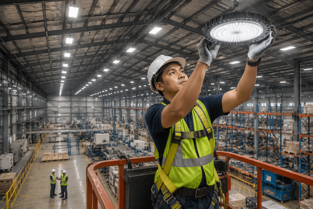 Filipino technician installing LED lights in a large warehouse.