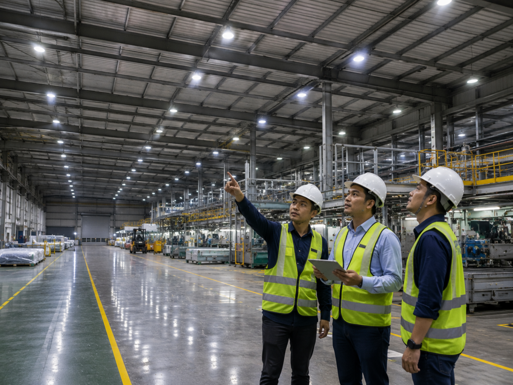Filipino engineers inspecting bright LED highbay lights inside a modern industrial warehouse