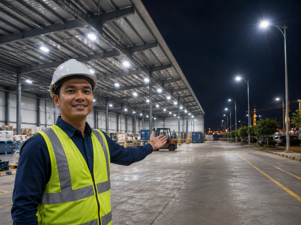 Filipino LED engineer proudly presenting installed LED lighting in an industrial site.
