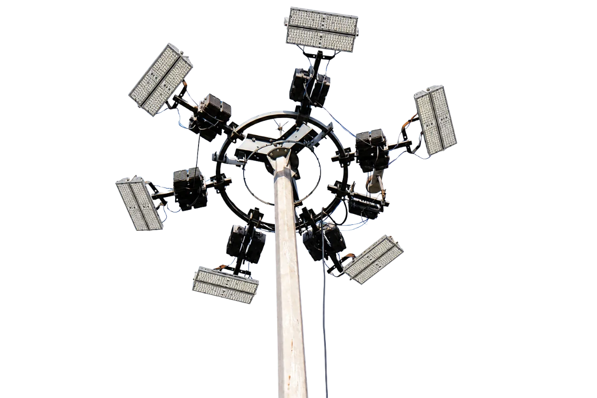 Eight LED floodlight fixtures mounted in a circular ring array at the top of a high mast pole, viewed from below against a transparent background.